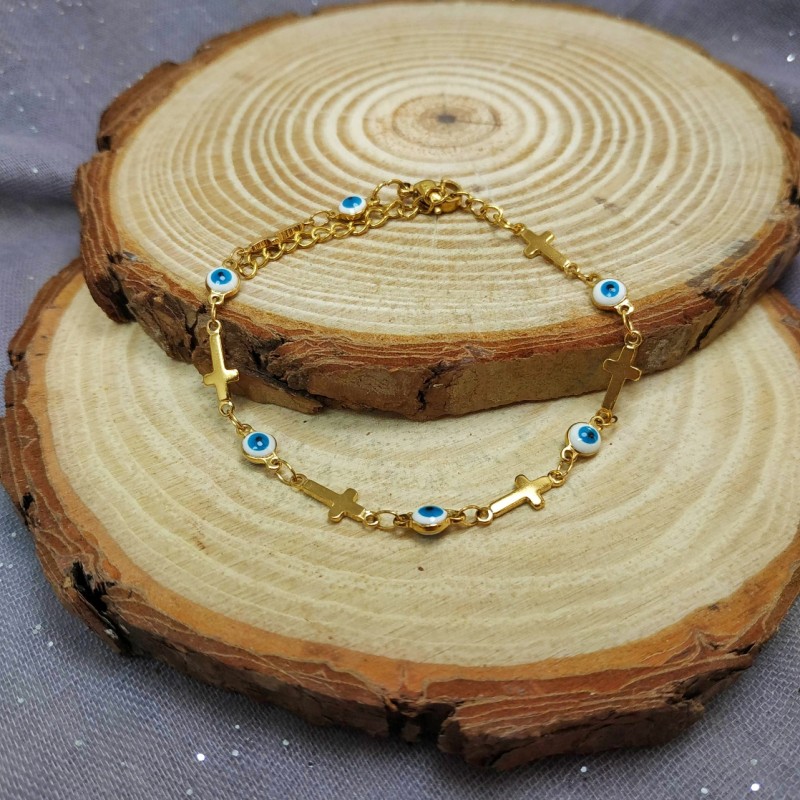 ΒΡΑΧΙΟΛΙ ΑΠΟ ΑΤΣΑΛΙ ΣΕ ΧΡΥΣΟ ΧΡΩΜΑ ΜΕ ΣΧΕΔΙΟ ΜΑΤΑΚΙΑ ΣΕ ΑΣΠΡΟ ΚΑΙ ΓΑΛΑΖΙΟ ΚΑΙ ΣΤΑΥΡΟΥΣ